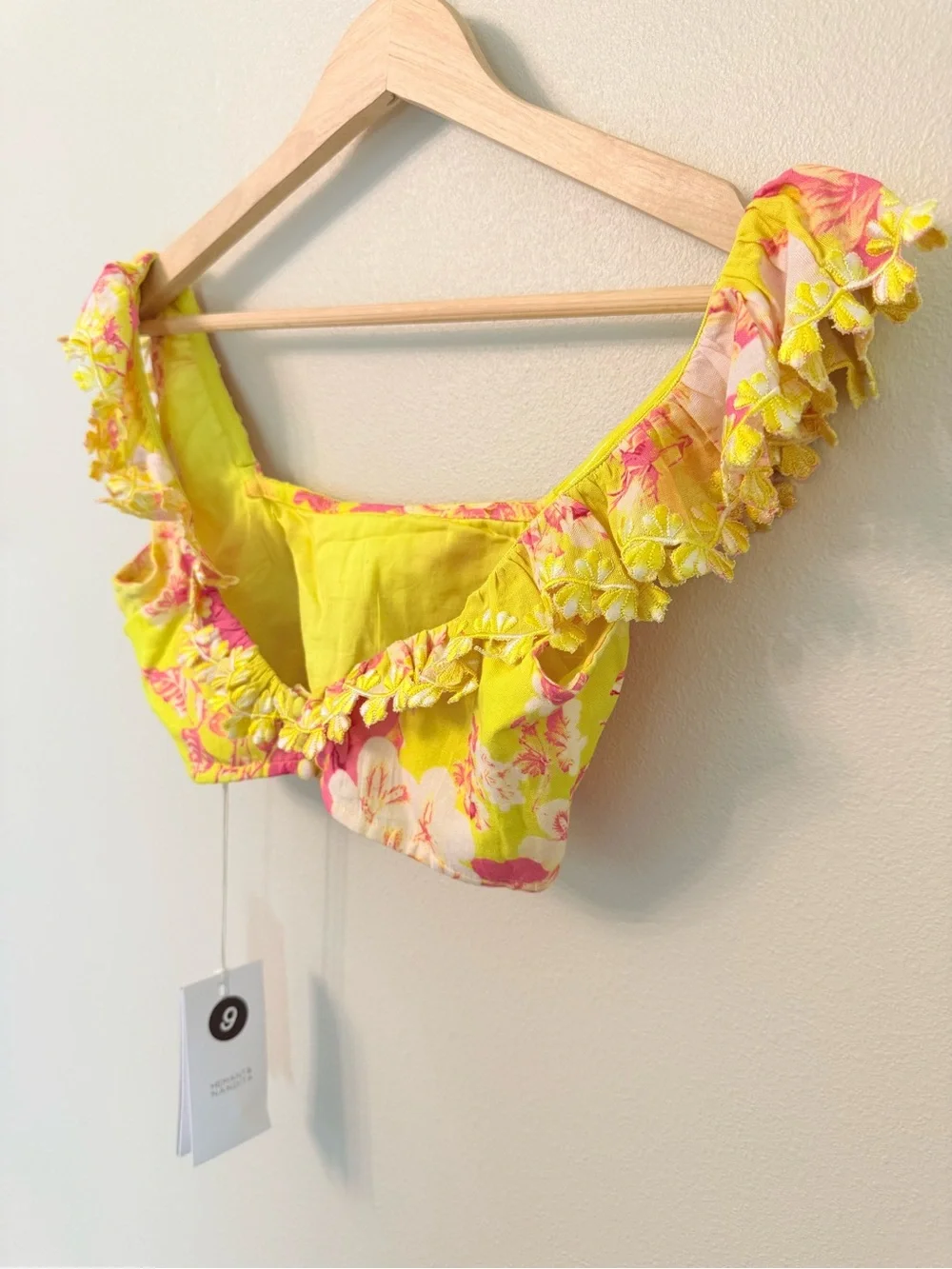 Hemant & Nandita Auril Floral Ruffle Crop Top NWT XXS Yellow Linen Retrofete